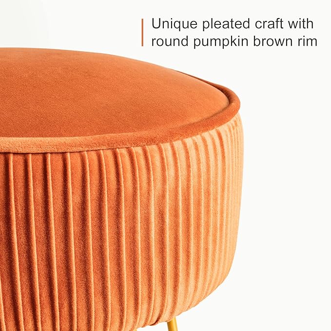 LUE BONA Pleated Vanity Stool, Velvet Upholstered Vanity Stool for Makeup Room, Round Mondern Stool for Vanity, Ottoman Footrest Stool with Metal Legs for Living Room, Bedroom, Pumpkin Brown