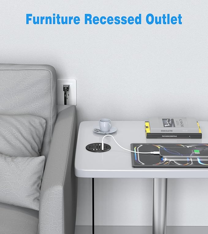 40W Recessed Power Grommet Outlet, 3.15 inch Desk Grommet Power Outlet with 8 USB Ports for Conference Rooms, Office Tables, Furniture, 6FT Cord