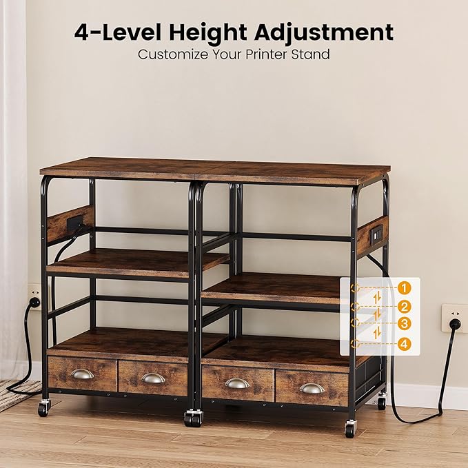 Extra Large Printer Stand with 2 Farbic Drawer, 3 Tier Printer Table with 4-Adjustable Heights, Rolling Printer Cart with Storage for Printer Scanner Fax Home Office Use, Rustic Black and Brown