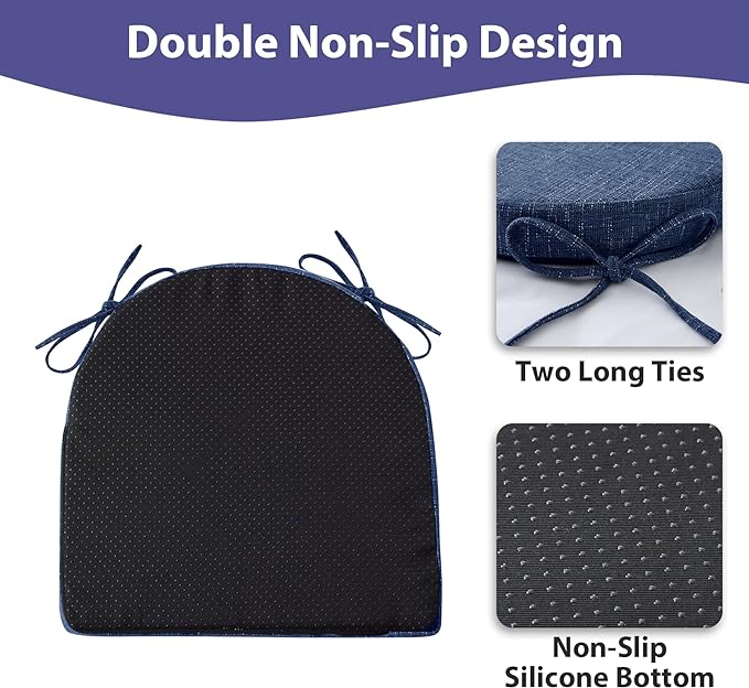 IPYNBAP Chair Cushions for Dining Chairs, Kitchen Chair Cushions, 16'' x 16'' x 2'', Non Slip Indoor Seat Cushions, Chair Pads for Dining Chairs with Ties & Removable Cover, Set of 2, Navy