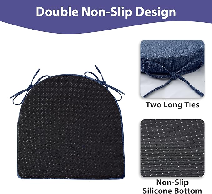 IPYNBAP Chair Cushions for Dining Chairs, Kitchen Chair Cushions, 16'' x 16'' x 2'', Non Slip Indoor Seat Cushions, Chair Pads for Dining Chairs with Ties & Removable Cover, Set of 4, Navy