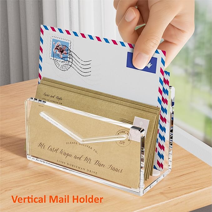 FUCDTEFC Acrylic Mail Holder, Mail Organizer Wall Mounted Clear File Letter Organizer, Vertical Envelope Mail Holder for Desk, Lightweight Countertop Bill Sorter Invoice Stand for Home Office School