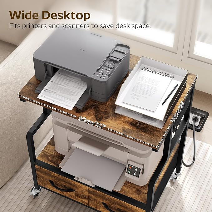 YATINEY Printer Stand, 3 Tier Printer Cart with Power Outlet and Fabric Drawers, Industrial Mobile Printer Table on Wheels, Printer Stand with Storage for Home Office, Study, Living Room PS03BR