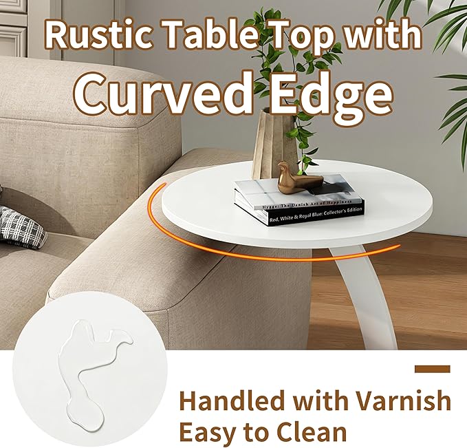 C Shaped End Table, Small Round Side Table for Couch, Slide Under Sofa Tray Desk for Living Room Bedroom, Solid Wood TV Tray Table for Narrow Space (15” White)
