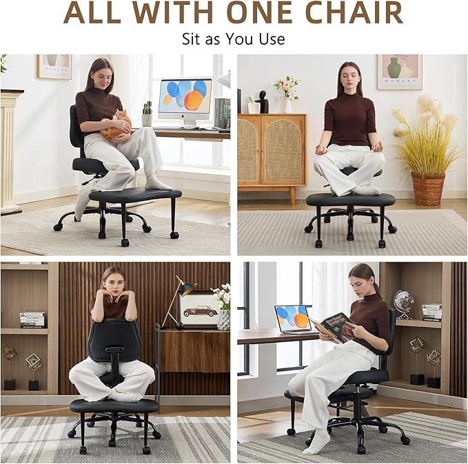 Criss Cross Legged Meditation Chair, Exquisite Home Office Furniture, Ergonomic Kneeling Chair with Lumbar Support and Adjustable Height Stool, for ADHD Adults