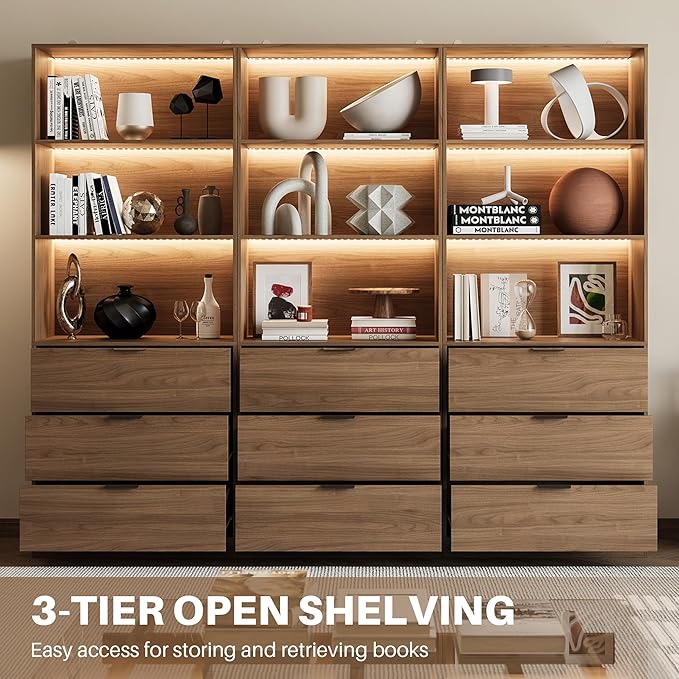 Mekminop 3PCS Lighted Bookshelf and Bookcase, 5-Tier Modern Bookshelves with 3 Large Drawers, Display Cabinet with Lage Storage Shelves for Home Office