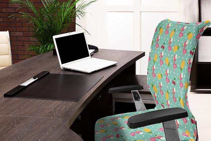 Ambesonne Cartoon Office Chair Cover, Exotic Flamingos Pineapple and Cherry Branches on Stars Backdrop Print, Stretchable Decorative Universal Size High Back Printed Slipcover, Teal Pink