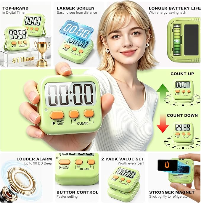 Antonki 2 Pack Digital Timer for Kids, Magnetic Countdown Kitchen Timers for Cooking, Egg, Classroom, Teacher, Exercise, Study, Oven - Battery Included
