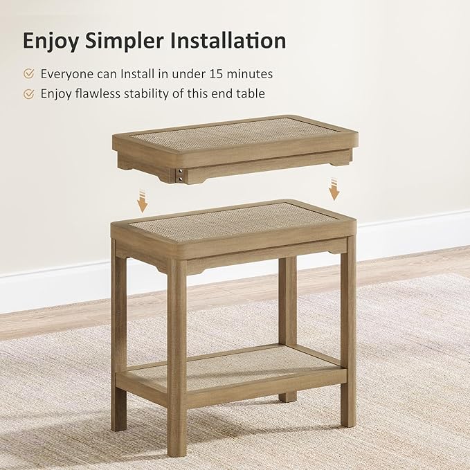 Eclatara Night Stand, Farmhouse End Table with 2 Tier Boho Rattan Shelves, Side Tables with Round Edge Design, Ultra-Thick Legs Bedside Nightstand for Bedroom, Caramel Oak