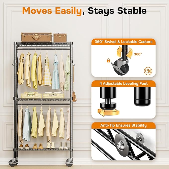 Simple Deluxe Rolling Clothes Rack, Heavy Duty Clothing Rack, 3-Shelf Portable Adjustable Wardrobe Closet with Wheels, Hanging Rods & Side Hooks, 29.5" W x 15.7" D x 75.6" H, Black