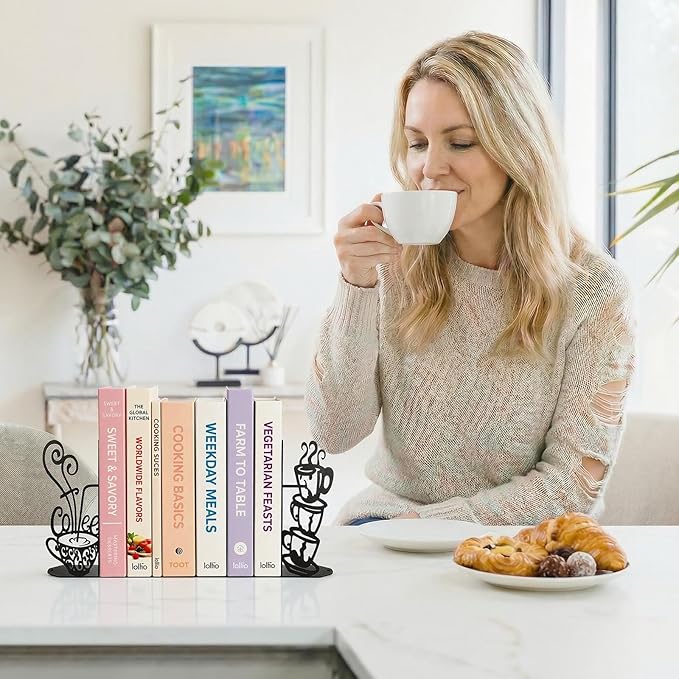 ENCIMART Metal Bookends Creative Coffee Bookends Decorative Cute Kitchen Book Ends for Shelves Bookshelf Home Office Desk Reading Decor Bookshelf Decor for Book Lovers Gift