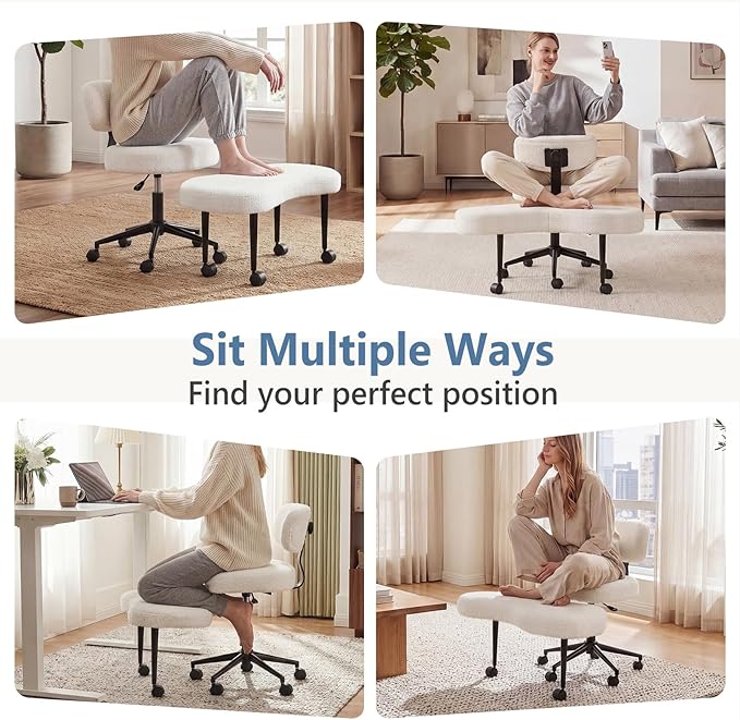 DUMOS Ergonomic ADHD Cross Legged Office Desk Chair with Adjustable Backrest, Height Adjustable Meditation Chair with 360° Swivel Footstool, Teddy Fabric Yoga Stool for Home Office, White