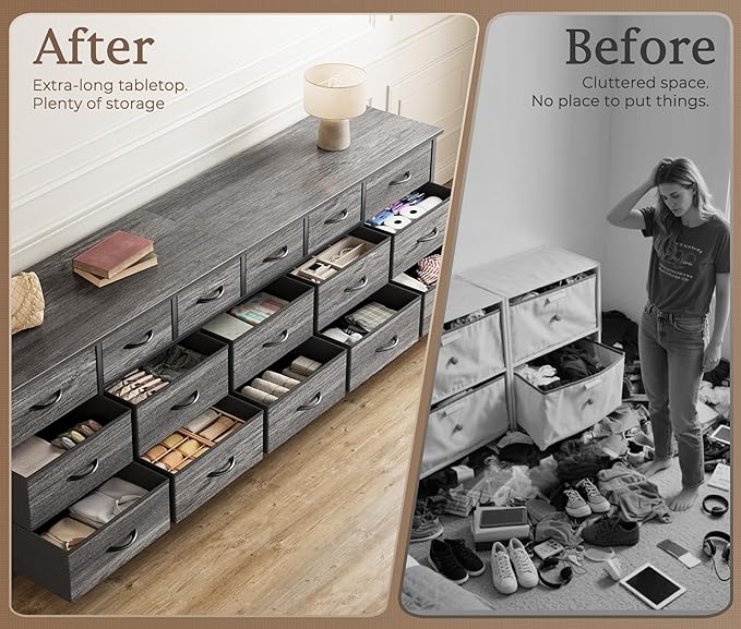 Huuger 77.6" Long Dresser for Bedroom, 16 Drawer Fabric Dresser for Closet, Wide Chest of Drawers with Storage, TV Stand for 65, 75, 85 Inch TV, 77.6" W x 12.9" D x 26.7" H, Grey