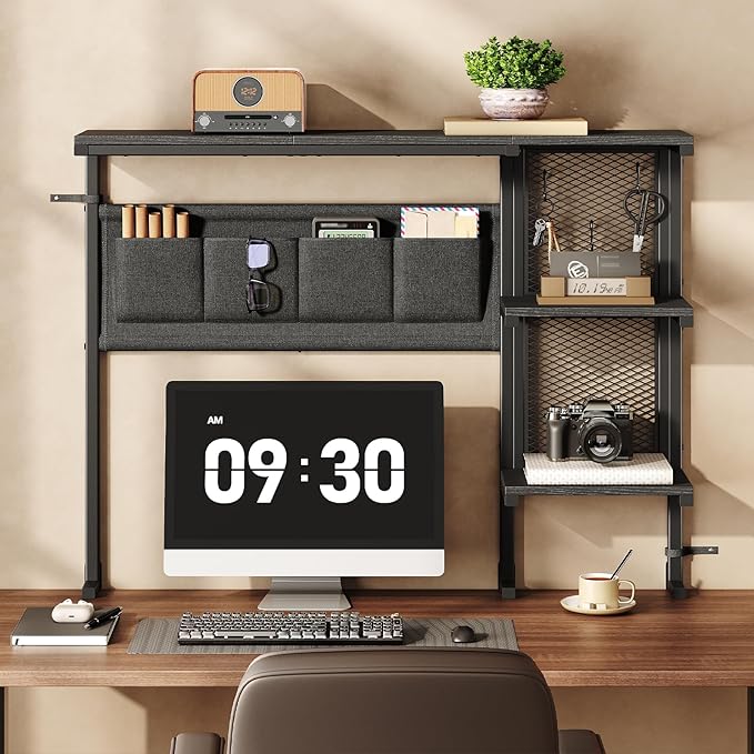 Clamp on Desk Shelf with Pegboard, Above Desk 3-Tier Extender Shelf, Desktop Bookshelf with Hooks, Desktop Organizer for Office Desk Accessories, Tabletop Storage Rack, 38.3" W x 33" H, Black