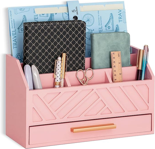 dreampossible Pink Wood Desk Organizer and Accessories with Drawer, Bill Mail Organizer and File Mail Holder for Office Supplies, Modern Desk Accessories & Workspace Organizers for Desk Organization