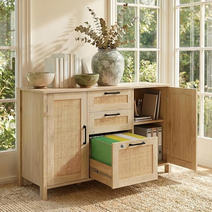 Lateral File Cabinets for Home Office, 3 Drawer and 2 Doors Filing Cabinet with Lock, Wide Rattan Filing Organization Cabinets with Printer Stand, Adjustable Storage Shelves/Hanging Bars, Natural Wood