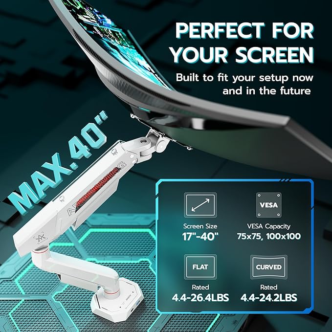 ARES WING Heavy Duty Single Monitor Arm, Fully Adjustable Single Monitor Mount for 17-40 Inch Flat Curved Ultrawide Screens Up to 26.5lbs with USB A/C, C-Clamp & Grommet Base, 75/100 Vesa Mount, White
