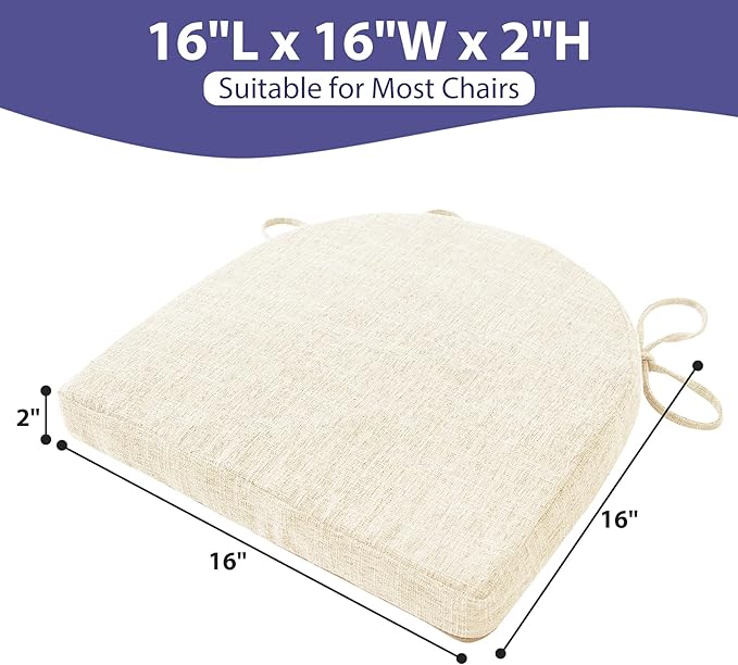 IPYNBAP Chair Cushions for Dining Chairs, Kitchen Chair Cushions, 16'' x 16'' x 2'', Non Slip Indoor Seat Cushions, Chair Pads for Dining Chairs with Ties & Removable Cover, Set of 2, Beige