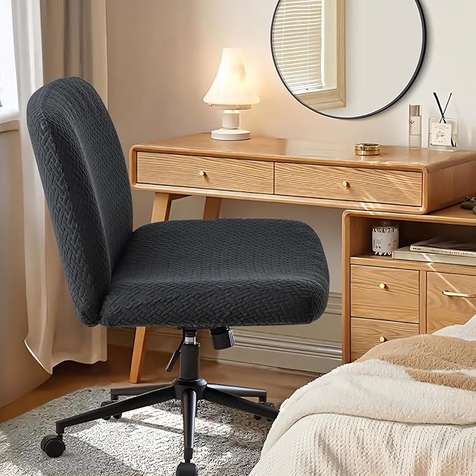 Criss Cross Chair Cover Armless Chair Slipcover Office Desk Chair Covers T-Shape Jacquard Mid Back Wide Seat Accent Chair Covers for Computer Chairs and Vanity Chairs(T Shape-Black)