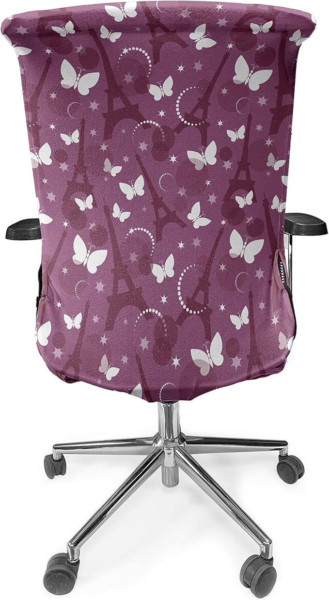 Ambesonne Eiffel Office Chair Cover, Abstract Composition with Towers White Butterflies and Stars Ethereal Display, Stretchable Decorative Universal Size High Back Printed Slipcover, Violet White