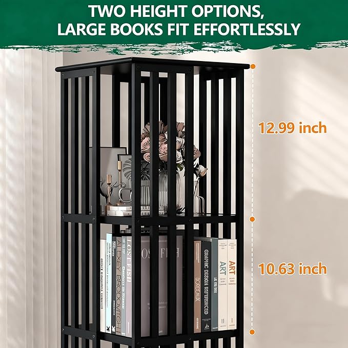Lauxery Rotating Bookshelf– 6 Tier 360° Bamboo Revolving Bookcase, Spinning Corner Bookshelf, Space-Saving Book Shelf Tower for Small Spaces, Home Office, Living Room Vertical Storage– Black