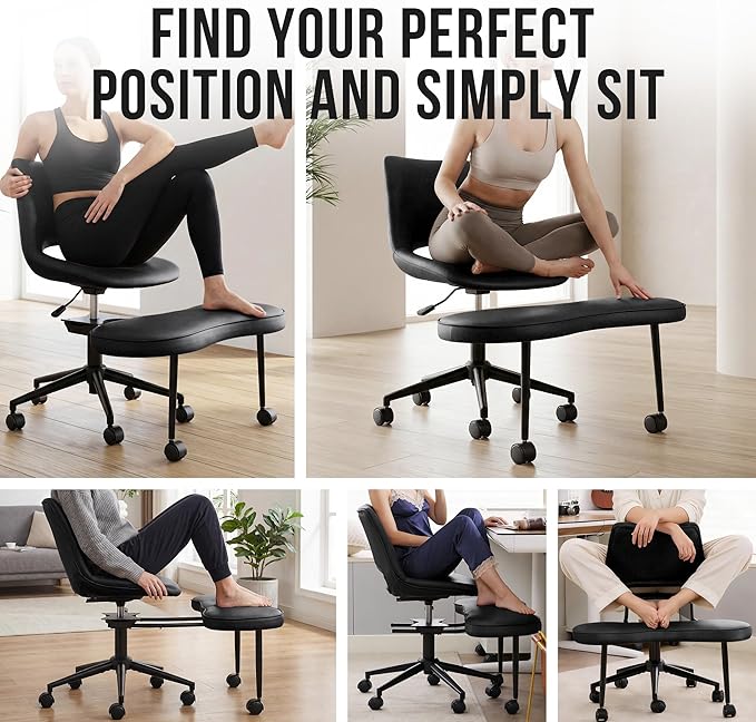 Ergonomic Cross Legged Office Chair with Wheels, 360° Swivel ADHD Chairs for Adults, Height Adjustable Seat for Meditation, Yoga - Wide Criss Cross Chair with Lumbar Support, Kneeling Chair, Black