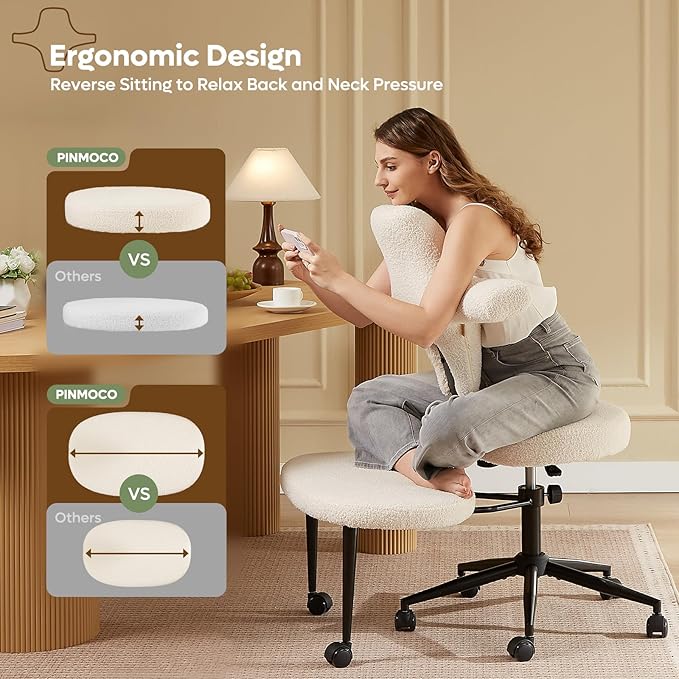 Pinmoco Ergonomic Cross Legged Office Chair Extra Wide for ADHD and Meditation, Kneeling Chair with 360° Swivel Wheels and Reversible Seating, Adjustable Height and Seat Deapth, Teddy Fabric, White