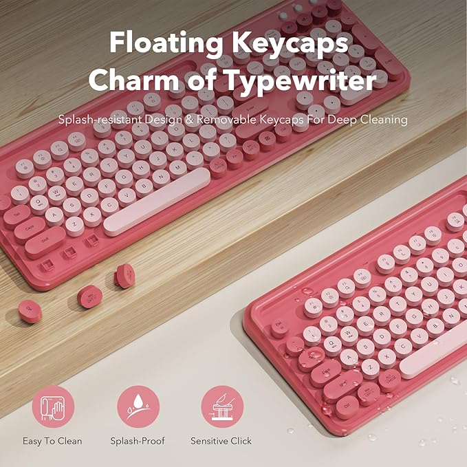 Wireless Keyboard and Mouse Combo, Cute Full-Size Typewriter-Style Keyboard, Retro Round Keycaps, Phone/Tablet Holder, 3-Level DPI Mouse, 2.4GHz Cordless for Mac Windows PC Laptop, Trueque CK13, Rose