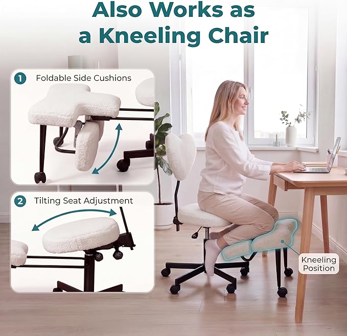 Ergonomic Cross Legged Office Chair with Foot Rest for Kneeling Seating - Crisscross Desk Chair with Wheels for ADHD to Sit Cross Legged - Multi-Position Adjustable Seat with Back Support for Women
