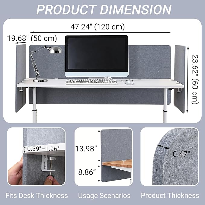 Desk Divider 48" x 24" – Clamp-On Privacy Panel for Office & Home Office, Tool-Free Installation, Gray