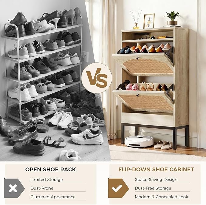 LUCKLIFE Shoe Cabinet with Charging Station, Flip Down Shoe Storage Organizer with Adjustable Shelves, Hidden Slim Shoe Rack with Anti-Tip Kit for Entryway or Hallway, Light Wood - 2 Pack