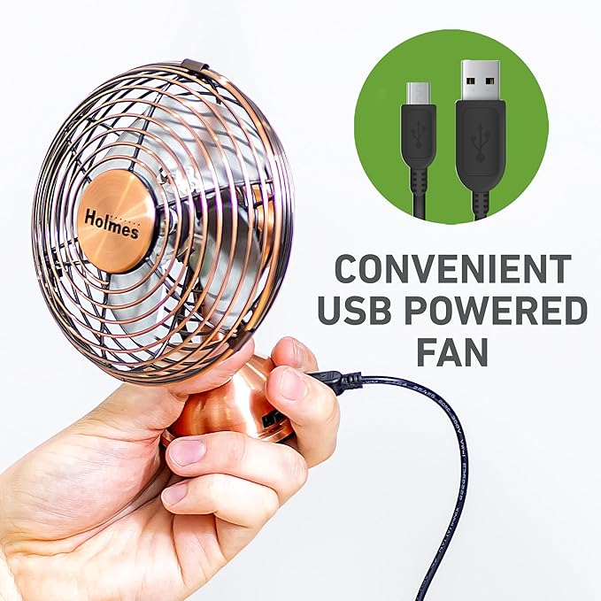 HOLMES 4" Mini Heritage Desk Fan, USB-Powered, Single Speed, 4 Blades, Adjustable 100° Head Tilt, Metal Construction, Ideal for Home, Dorm Rooms, Bedrooms, Office or Travel, Vintage Brushed Copper