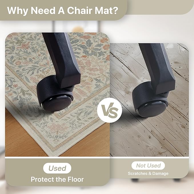 48"x60" Office Chair Mat for Hardwood Tile Floor, Under Desk Carpet Protector for Rolling Computer Chair Mat, Machine Washable Area Rug, Anti-Slip 1/5" Thick Low Pile Thin Vinyl Floor Mat, Beige Pink