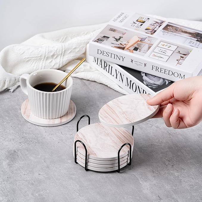 Hoewina 6Pcs Drink Coasters with Holder, Natural Style Ceramic Drink Coaster, Absorbent Coasters Set Suitable for Kinds of Cups, Modern Style Coasters for Coffee Table, 4 Inches（Style 6）