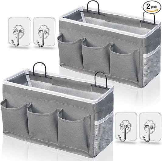 Kanrichu Wall Hanging Organizer Bag, 2-Pack Linen Storage Baskets with Pockets, WallHanging Storage Basket for Bedroom, Kitchen, Office, RV Camper (Gray)