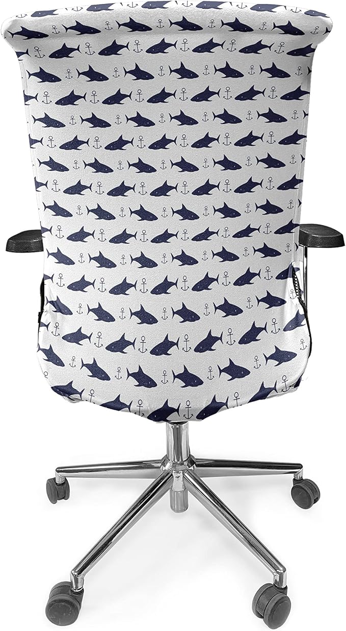 Ambesonne Anchor Office Chair Cover, Aquatic Pattern with Sharks and Anchors Contemporary Classical Modern Fish Animal, Stretchable Decorative Universal Size High Back Printed Slipcover, Indigo White