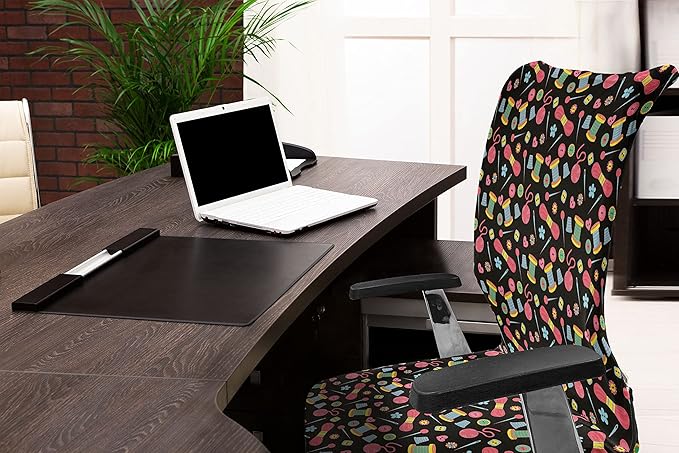 Ambesonne Hobby Office Chair Cover, Colorful Sewing Tools on The Dark Background Handicraft Needlework Knit Theme, Stretchable Decorative Universal Size High Back Printed Slipcover, Multicolor Pink