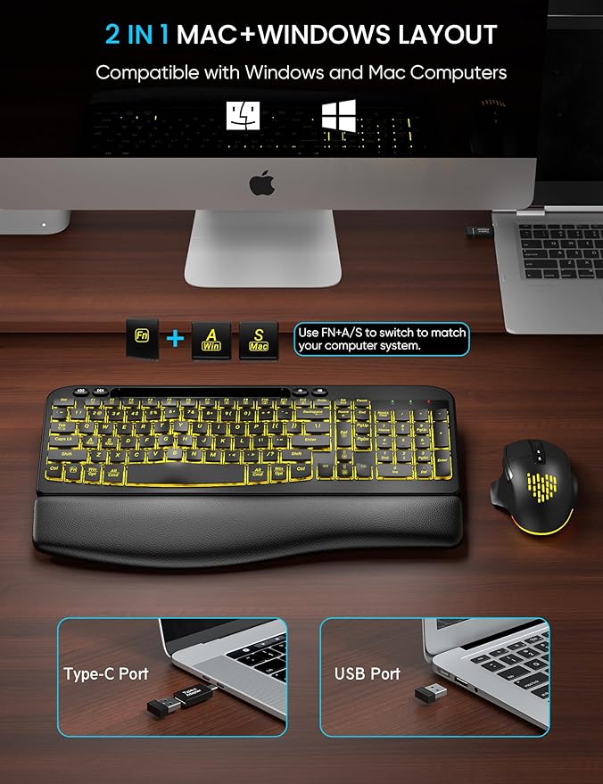 SABLUTE MA22 Pro Wireless Keyboard and Mouse Combo - Ergonomic Wave Keyboard with Soft Leather Wrist Rest, Phone Holder, Rechargeable, RGB Backlit Mouse, Full-Size Set for Windows/Mac/Computer