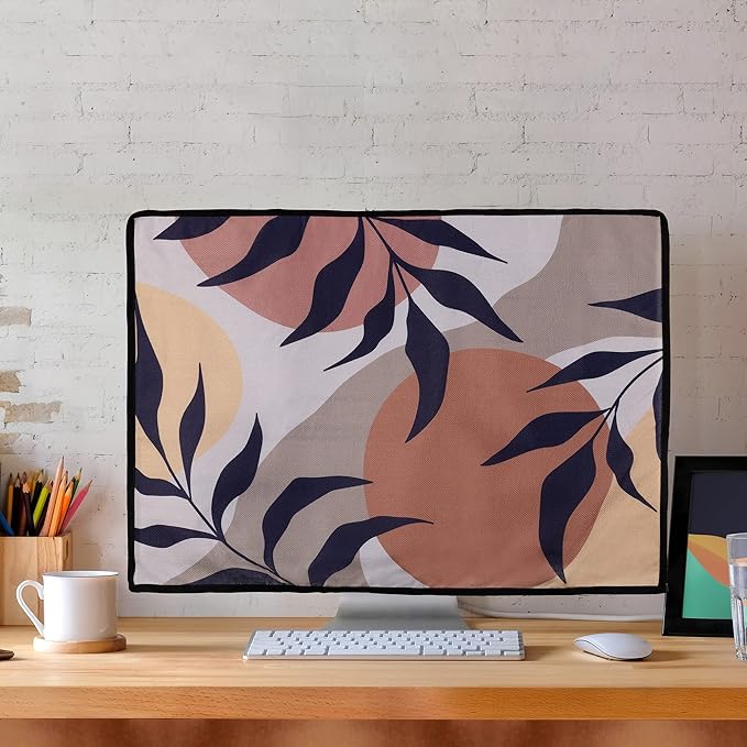 kwmobile Dust Cover for 24-26" Monitor - Linen Monitor Protector with Design - Leaves and Pattern Black/Brown/White