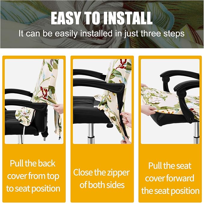Smiry Stretch Printed Office Computer Chair Covers, Universal Desk Rotating Chair Slipcovers Removable Washable, Soft Fit Anti-Dust Spandex Protector Cover with Zipper, Beige and Green
