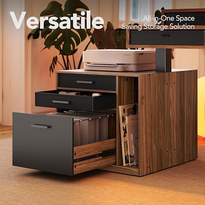 HUANUO Electric L Shaped Standing Desk with 6 Storage Drawers & File Cabinet, 2-Tier Corner Sit Stand Desk with Cable Management Tray, 84.5" × 58" Height Adjustable Computer Gaming Table, Walnut