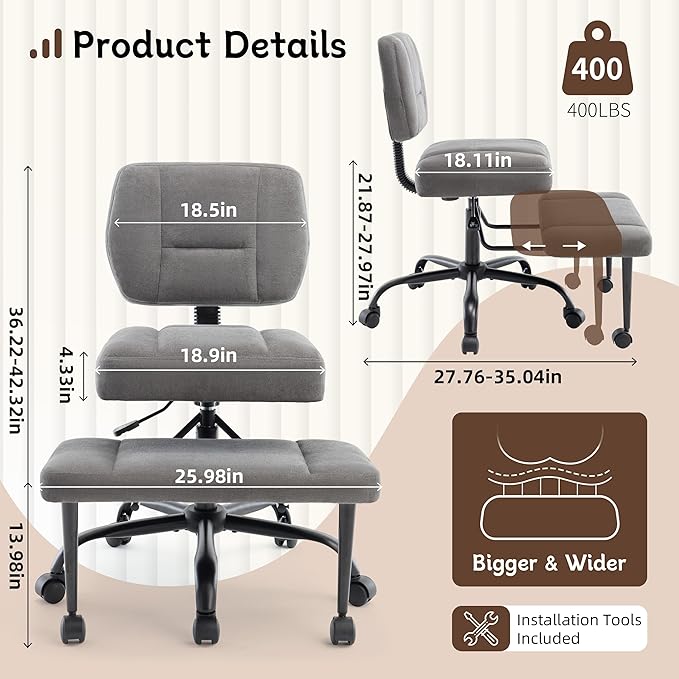Ergonomic Criss Cross Legged Office Chair, ADHD Chair, 360° Swivel Meditation Kneeling Chair with Wheels, Adjustable Footrest, Bigger & Wider Height Adjustable Seat, Strong Lumbar Support, Greycloth