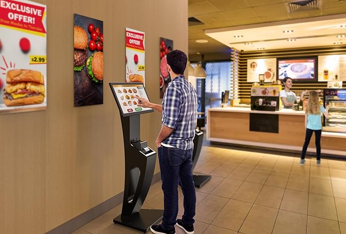 CTA Sleek Floor Stand Kiosk for Monitors – Floor Stand with Printer Slot 15" to 32" up to 60lbs - for Check-in & POS Stations & More - Black (ADD-LDSLEEK)