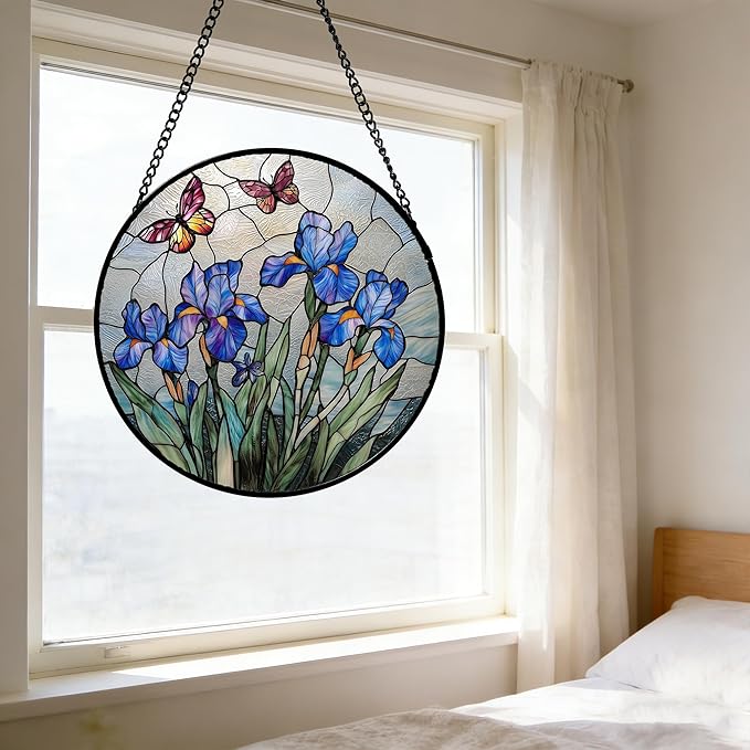DASTOLL Stained Glass Window Hanging, Blue Iris Flowers Butterfly Suncatcher Diamond Colorful Glass Panel Sun Catchers Decor for Birthday for Women, Men, Wife, Aunt, and Mom 6.3 in
