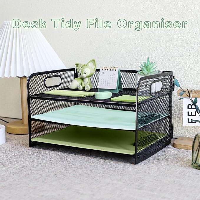 Paper Letter Tray with Handle, 3 Tier Metal Mesh Desk File Organizer, A4 Paper Desktop Filing Trays, Desk Tidy Magazine Document Holder for Home Office, Black