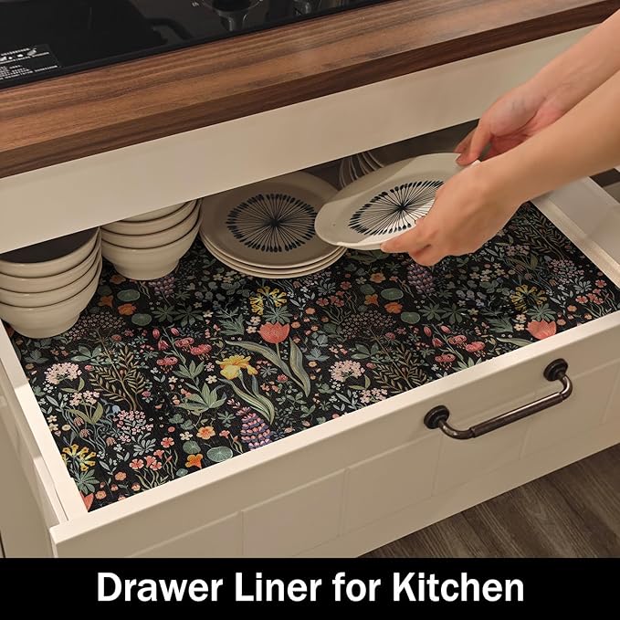 Shelf Drawer Liners,16IN x 10FT Non Adhesive and Strong Non-Slip,Colorful Cabinet Drawer Shelf Liners for Kitchen Wire Fridge, Waterproof Cabinet Liner,Easy to Clean,Black