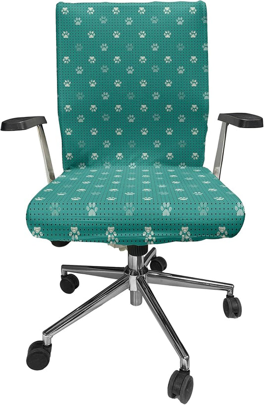 Ambesonne Paw Print Office Chair Cover, Modern Design Pattern of Animal Step Marks with Tiny Squares, Stretchable Decorative Universal Size High Back Printed Slipcover, Teal Ivory