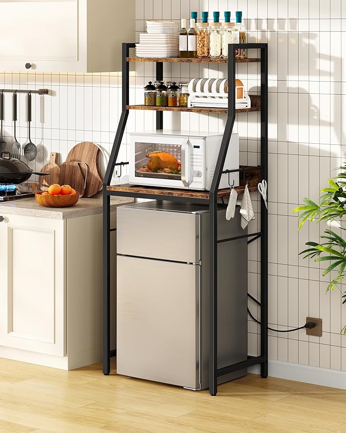 CHOEZON 4-Tier Bakers Rack with Mini Fridge Stand, Coffee Bar Station, Microwave Stand with Charging Station, Kitchen Storage Rack with 6 Hooks, for Kitchen, Dining Room, Rustic Brown THB03UBF
