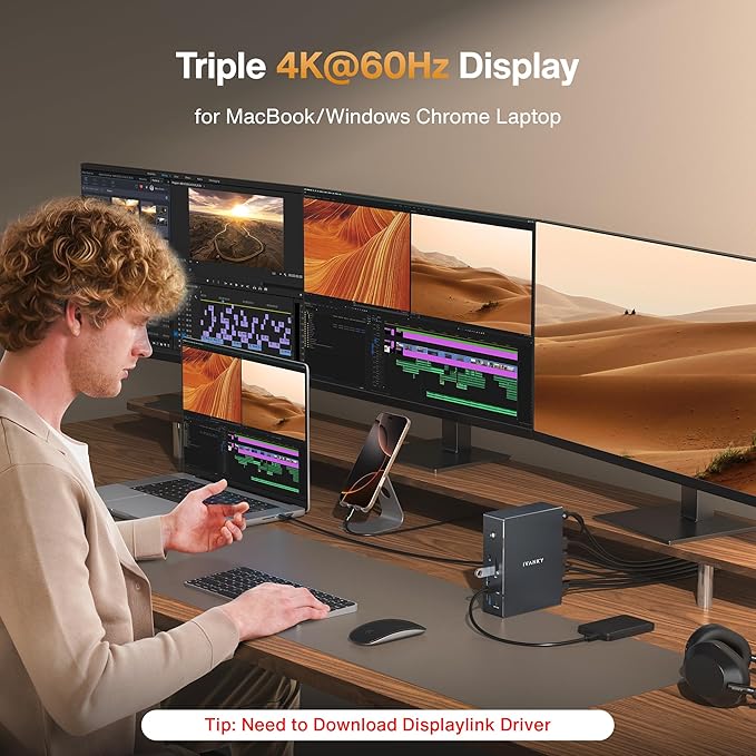 iVANKY 20-in-1 DisplayLink Docking Station 3 Monitor for Window and MacBook Pro/Air, Triple 4K@60Hz Display for M5/M4/M3/M2/M1 MacBook/Windows, 180W Power, 2.5GbE, HDMI, DP, 10Gbps, Driver Needed
