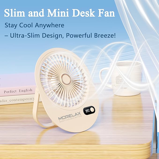 USB Desk Fan, Rechargeable Small Quiet Portable Fan, 180° Folding 6 Speeds Strong Wind Table Fans with Brushless Motor, Mini Desktop Personal Fan for Office/Bedroom, Gifts for Women/Men/girls (Beige)
